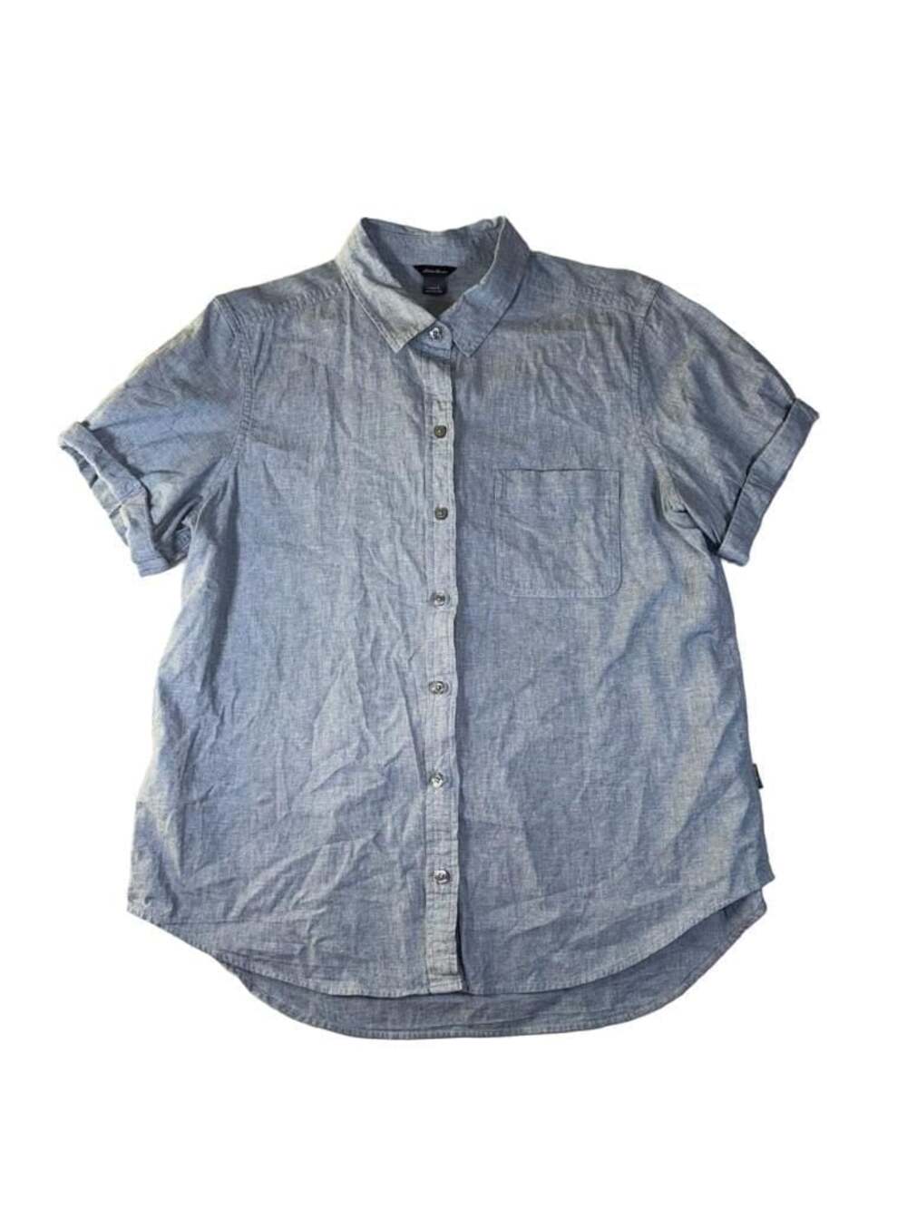 Eddie Bauer Women's Blue Cotton Linen Short Sleeve Button Up Shirt Size L